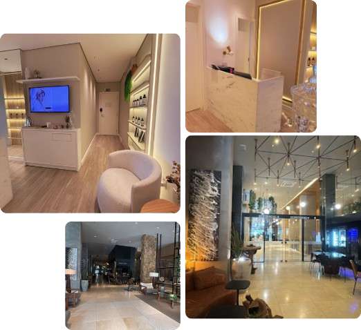 Fotos do consultório da Enfermeira Rossella Schwarzbach, mostrando recepção moderna, sala de atendimento e área de espera com decoração elegante e iluminação aconchegante.